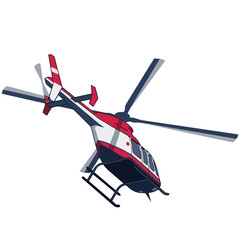 Naklejka premium A clean, geometric vector illustration of a modern twin-engine utility helicopter, depicted mid-flight against a plain white background. 
