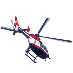 Naklejka premium A clean, geometric vector illustration of a modern twin-engine utility helicopter, depicted mid-flight against a plain white background. 