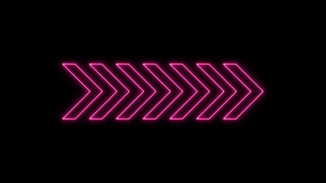Green neon colored swipe right arrow animation video. Blinking direction arrows ,black 4k
