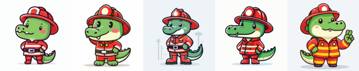 Obraz premium set of cute crocodile vectors wearing firefighter costumes