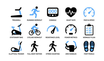 Fototapeta premium Fitness equipment and workout icons in grid on white background