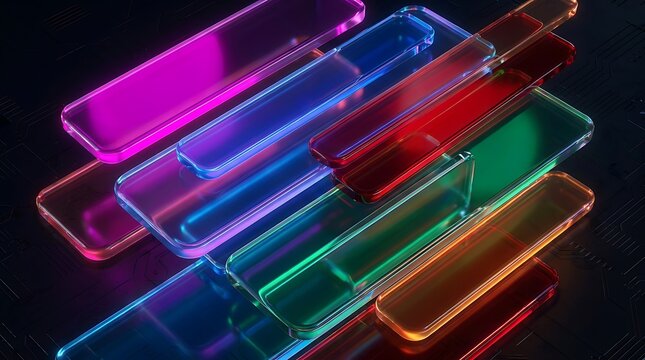 Abstract background with glowing neon glass rectangles or panels on a dark circuit board texture