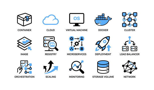Container and cloud icons displayed in grid on white background