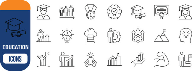 Fototapeta premium Personal growth education and business success. graduate icon set, medal icon set, lightbulb icon set