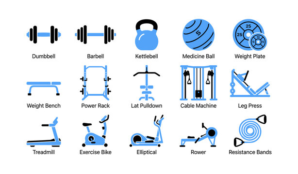 Gym equipment icons arranged in grid on white background