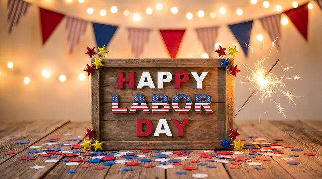 Happy Labor Day sign with American flag letters festive sparkling firework display bokeh lights and scattered confetti symbolizing patriotic holiday celebration workers rights and national pride.