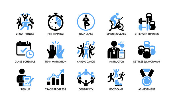 Fitness class icons representing gym activities on white background