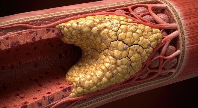 Cross section of artery showing atherosclerosis, plaque buildup, and narrowed lumen, representing cardiovascular disease, heart health concerns, and the need for prevention and treatment strategies