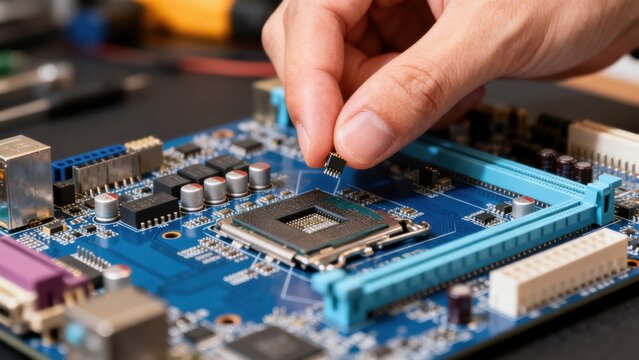 Hand placing chip on computer motherboard
