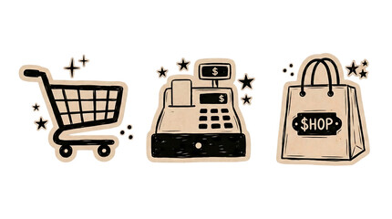Shopping experience icons including shopping cart cash register and paper shopping bag with shopping register commerce purchase checkout business consumer transaction customer illustration © VectorGhor
