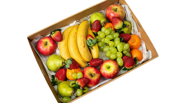 fresh mixed fruit hamper: Fruit box, fruit gift hamper, fruit basket, gourmet gift, seasonal produce, handpicked fruit. Specific Fruits Shown  isolated on transparent background