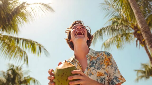 A man in a floral print shirt is laughing heartily as he holds a coconut. He's outdoors, possibly on vacation, surrounded by palm trees and bright sunlight.