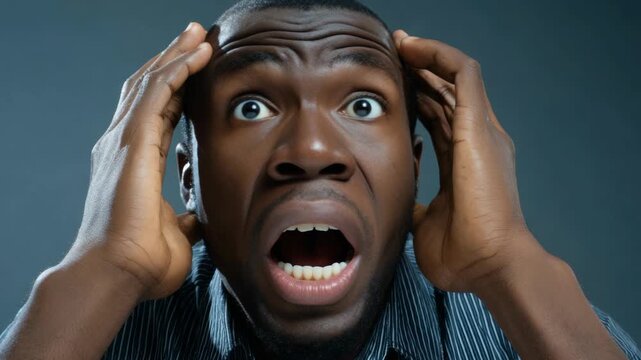 A man making an expression of shock or disbelief. He is indoors and has a surprised look on his face while placing one hand on his forehead and the other against the side of his head.
