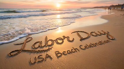 Labor day usa beach celebration handwritten text on sand at sunset with ocean waves and golden light during holiday weekend getaway travel destination scenic coastal landscape view outdoor.