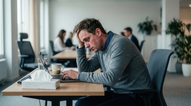 Frustrated Man Working Late In Modern Office Overwhelmed By Tasks