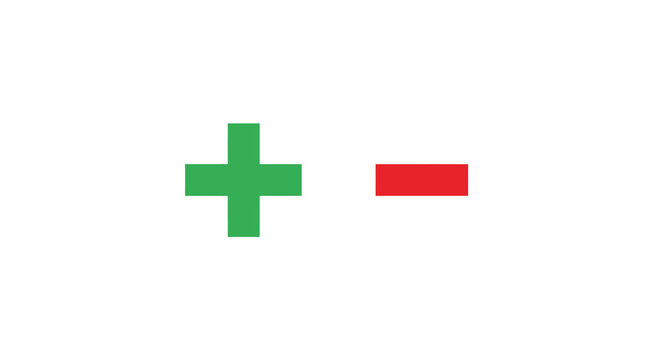 Green plus and red minus sign shapes flat silhouette