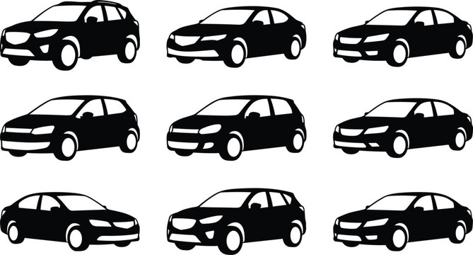 Vector car silhouette collection featuring different vehicle body types like sedan hatchback and suv isolated on white