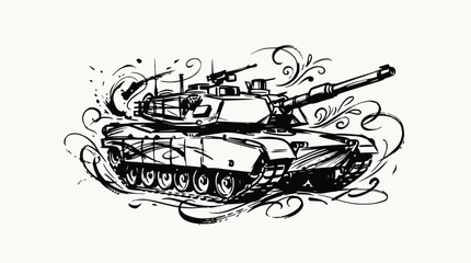 Detailed line art sketch of a modern battle tank. © christina