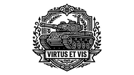 Heraldic military tank crest with Latin motto. © christina