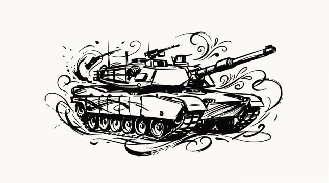 Detailed line art sketch of a modern battle tank.