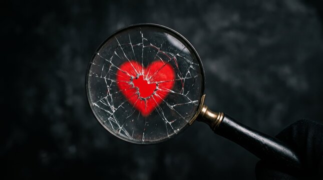Hand holding a vintage magnifying glass with a shattered lens over a glowing red heart on a black background, investigating relationship problems, emotional trauma analysis.