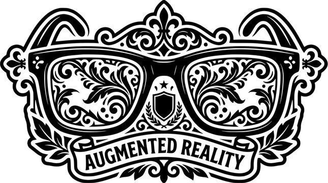 Ornate augmented reality badge with decorative scrollwork glasses