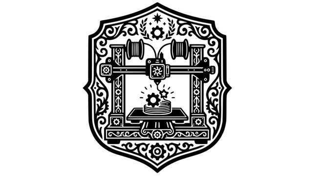 Ornate 3D printer emblem in vintage frame.
