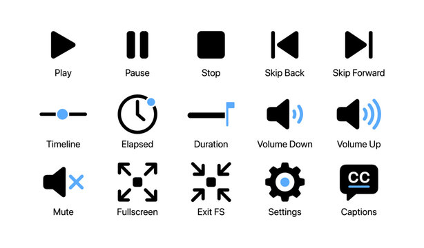 Media playback icons showing transport controls and volume indicators