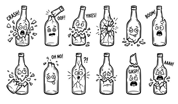 Quirky Hand Drawn Smashed Bottle Sketch Collection with Broken Glass Cartoon Vector Set