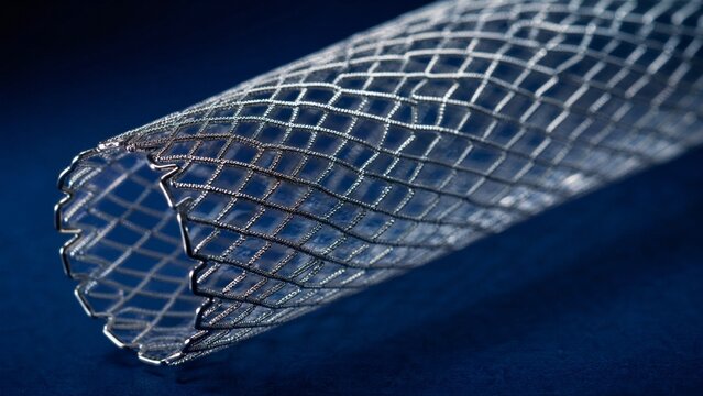 Ultra-fine metallic mesh stent showing intricate lattice on dark blue background.