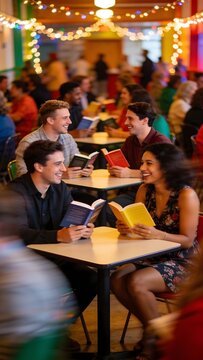 Speed Dating for Book Lovers Event in Festive Community Hall Stock Photo