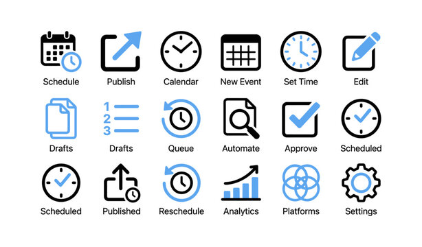 Scheduling and publishing icons displayed in grid on white background