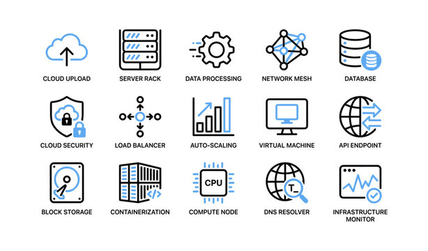 Cloud computing icons arranged in grid on white background