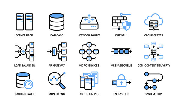Cloud infrastructure icons showing servers and network on white