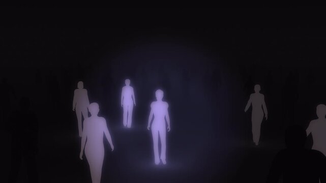 Group of silhouetted people walking away from camera in unison. One silhouette starts emitting their own light and becomes a beacon in the crowd who start to illuminate also , spreading through the cr