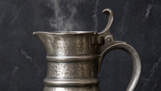 Close-up of an antique pewter flagon with hammered texture and rising vapor.