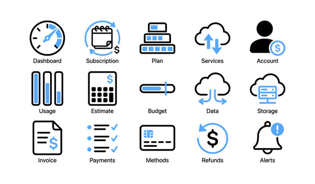 Account and billing icons showing dashboard plans usage and payments