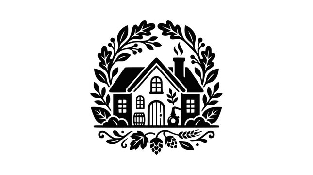 Botanical wreath surrounding a traditional distillery cottage.