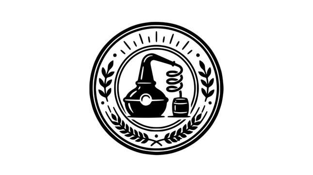 Circular emblem featuring moonshine pot still and grain.