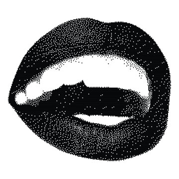 Black and white dot art style illustration of human lips biting lower lip