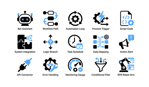Automation icons showing workflow bots and process elements on white