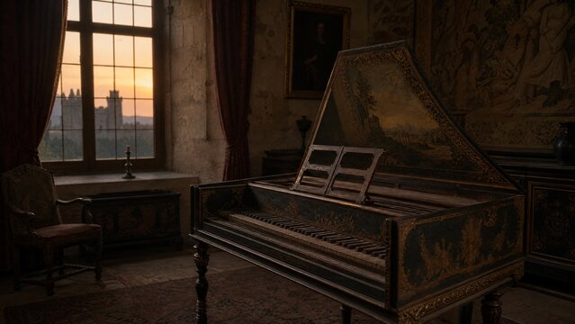 Quiet room in an old castle at dusk, a dusty harpsichord in warm fading light.