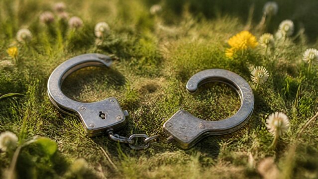 Broken handcuffs discarded on sunlit grass with wildflowers, shallow depth of field.