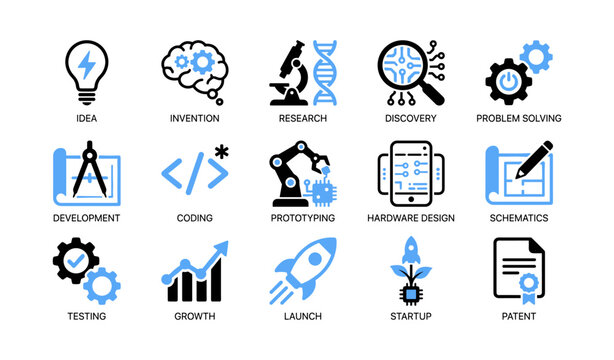 Innovation and development icons illustrating research and prototyping