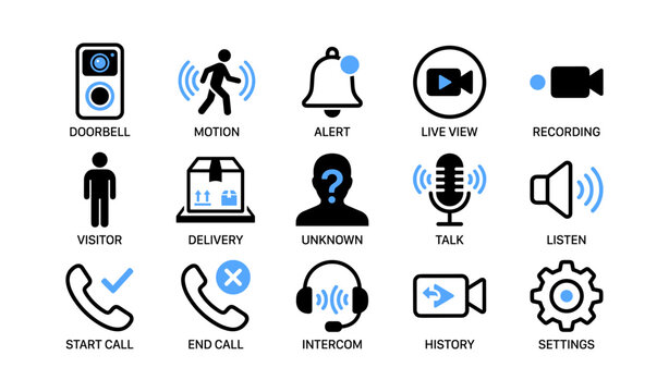 Doorbell and intercom function icons arranged on white background