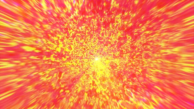 Hypnotic fast zoom through a bright red and yellow psychedelic tunnel. Dynamic abstract motion background with energy flares.