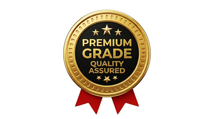 Fototapeta premium Premium grade quality assured gold medal seal with red ribbons isolated as PNG