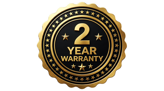 Golden two year warranty seal badge for reliable product support isolated as PNG