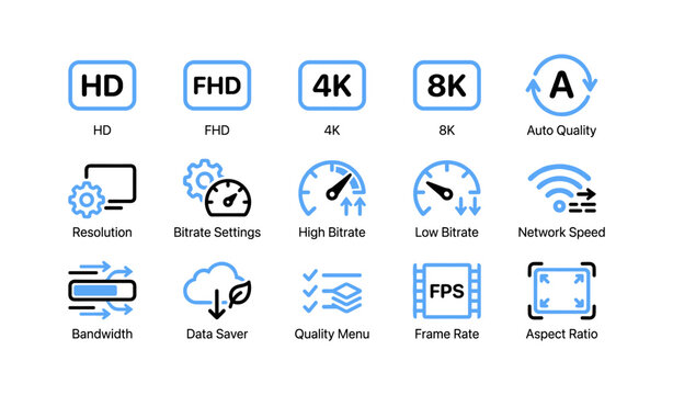 Video quality and bitrate icons arranged on white background
