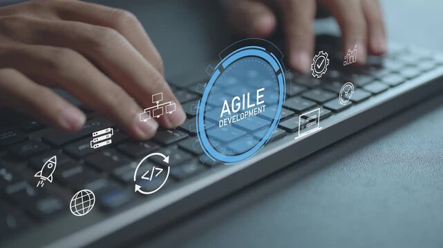 Agile development concept. Person typing keyboard with software development and workflow icons, iterative processes, team collaboration and project management.